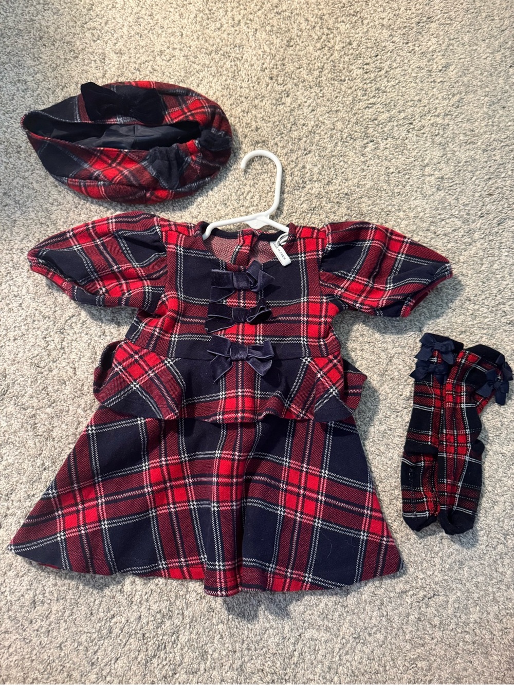 Janie&Jack Red/Navy Plaid Dress with Matching French Beret and Socks (12-18 mo)
